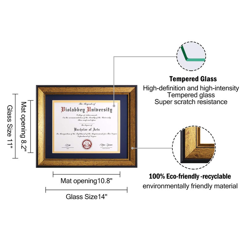 VIOLABBEY 8.5x11 Diploma Frame Gold, 8.5 x 11 Certificate Frame with Mat or 11x14 College Degree Frames without Mat, Wall or Tabletop Display, Tempered glass (Navy Gold Double Mat) - Image 3